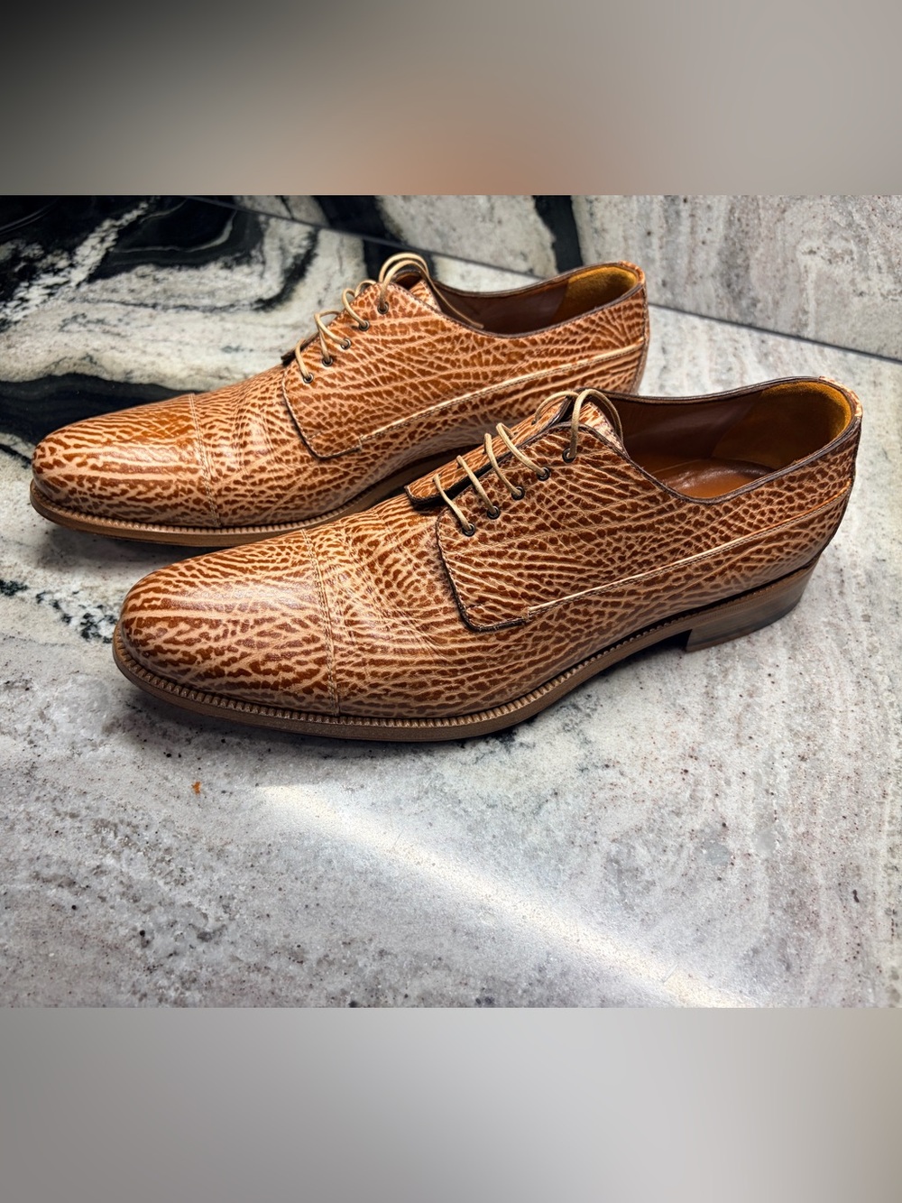 A. Testoni Genuine Sharkskin Cap Toe Derby Shoes 9.5 Made in Italy Cognac